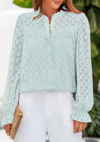 Eyelet Long Sleeve Casual Hollow Out Button Up Lace Blouse