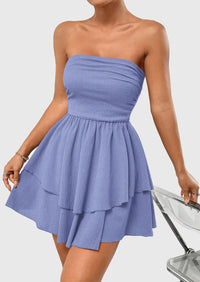 Strapless Tube  Off Shoulder Smocked Ruffle A Line Mini Dress