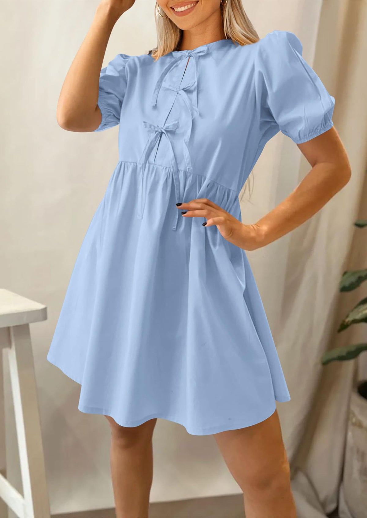 Casual Short Sleeve A Line Bow Tie Front Babydoll Loose Mini Dresses with Pockets