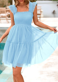 Casual Sleeveless Tulle Ruffle Square Neck Tiered Smocked Wedding Guest Mini Dresses