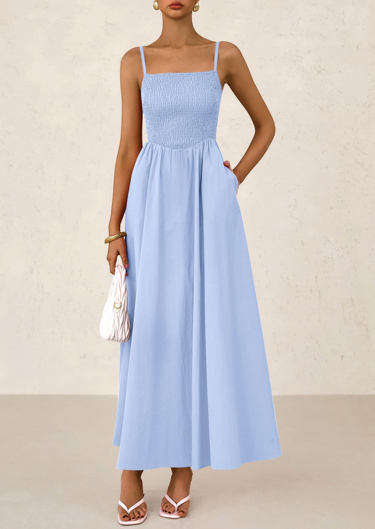 Smocked Beach Casual Spaghetti Strap Swing A Line Flowy Maxi Dresses