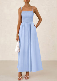 Smocked Beach Casual Spaghetti Strap Swing A Line Flowy Maxi Dresses