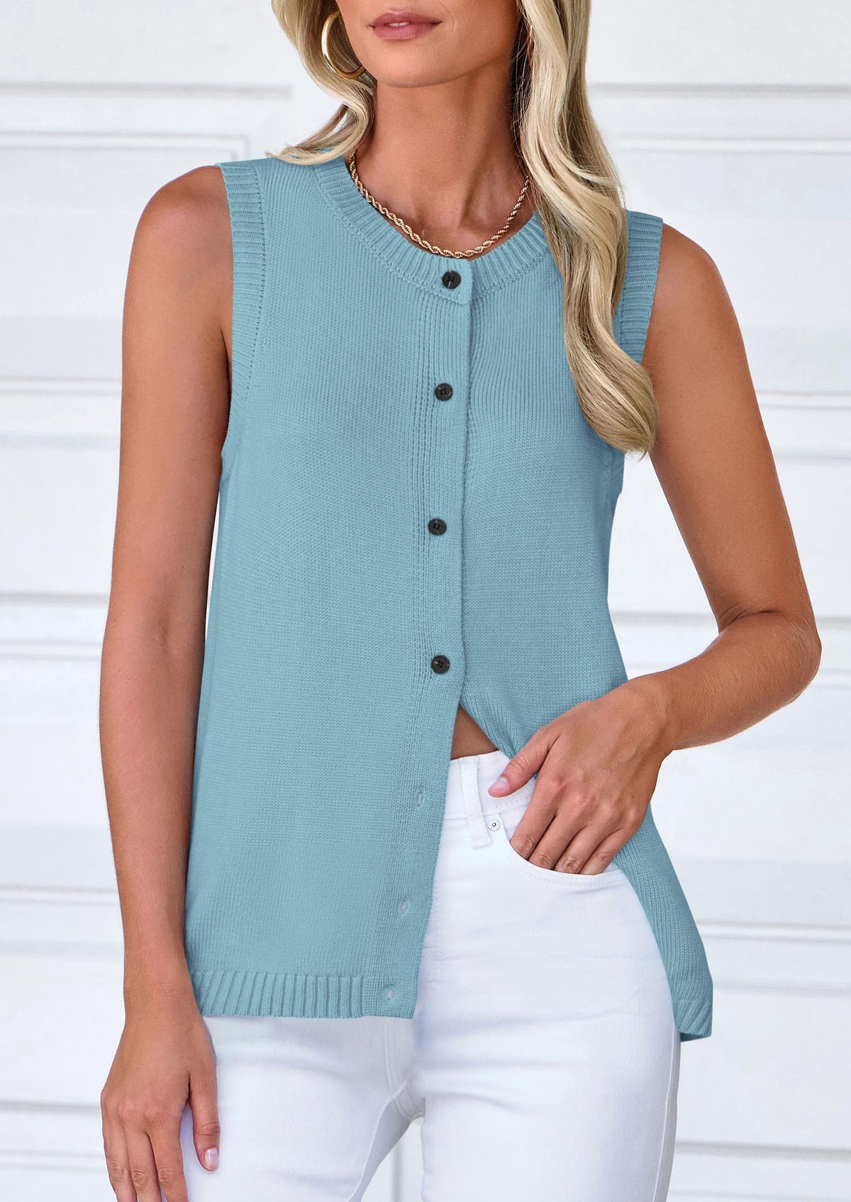 Sleeveless Button Down Business Casual Knit Tank Tops