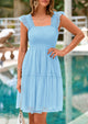 Casual Sleeveless Tulle Ruffle Square Neck Tiered Smocked Wedding Guest Mini Dresses