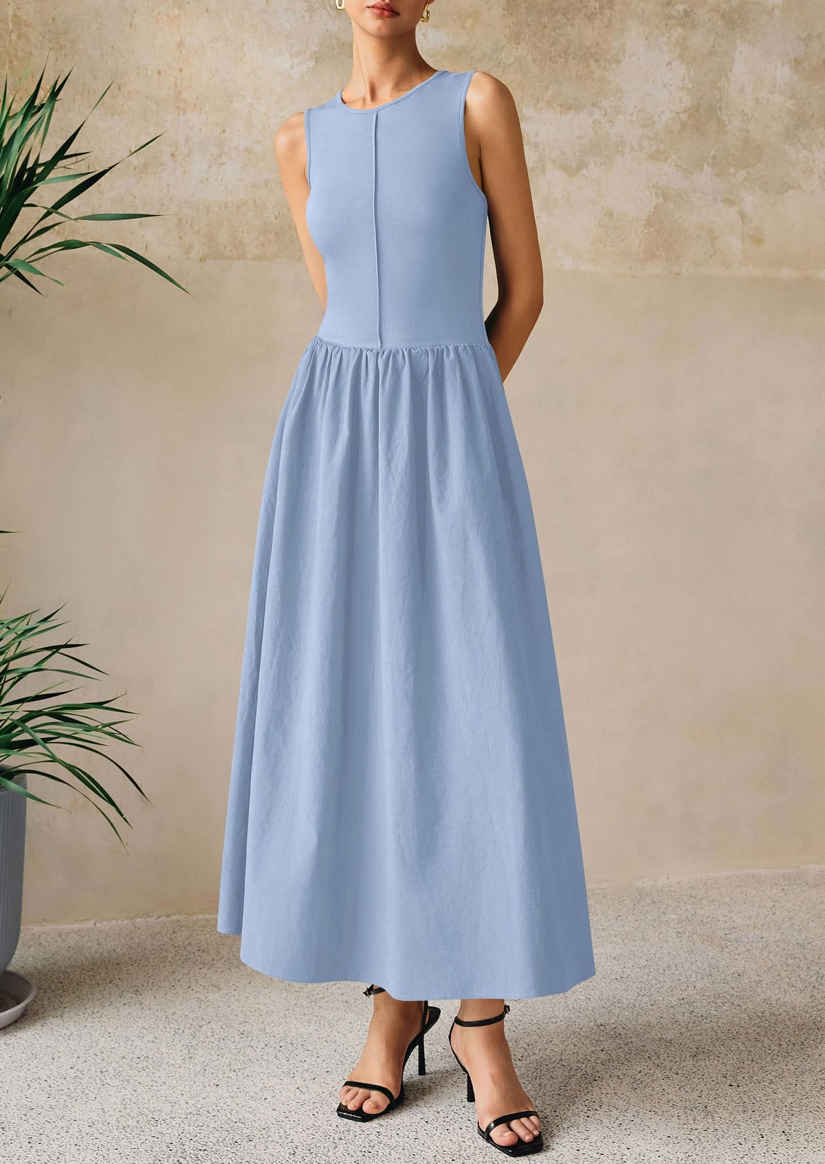 Casual Sleeveless Patchwork Knit Flowy Beach Maxi Dresses