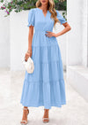 PRETTYGARDEN Women's Casual Short Sleeve V Neck Midi Dresses Spring A-line Tiered Wedding Guest Dress