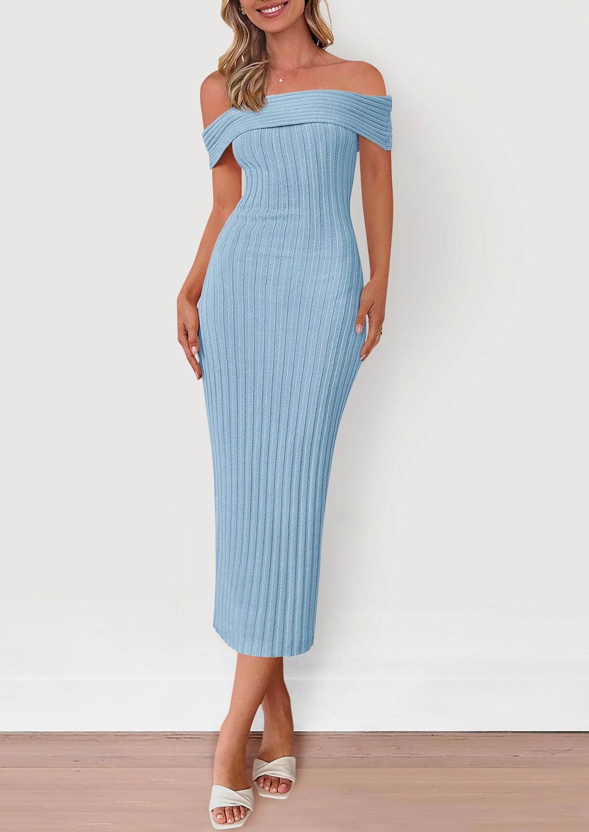 Off The Shoulder Elegant Ribbed Knit Bodycon Wedding Guest Sweater Midi Dresses