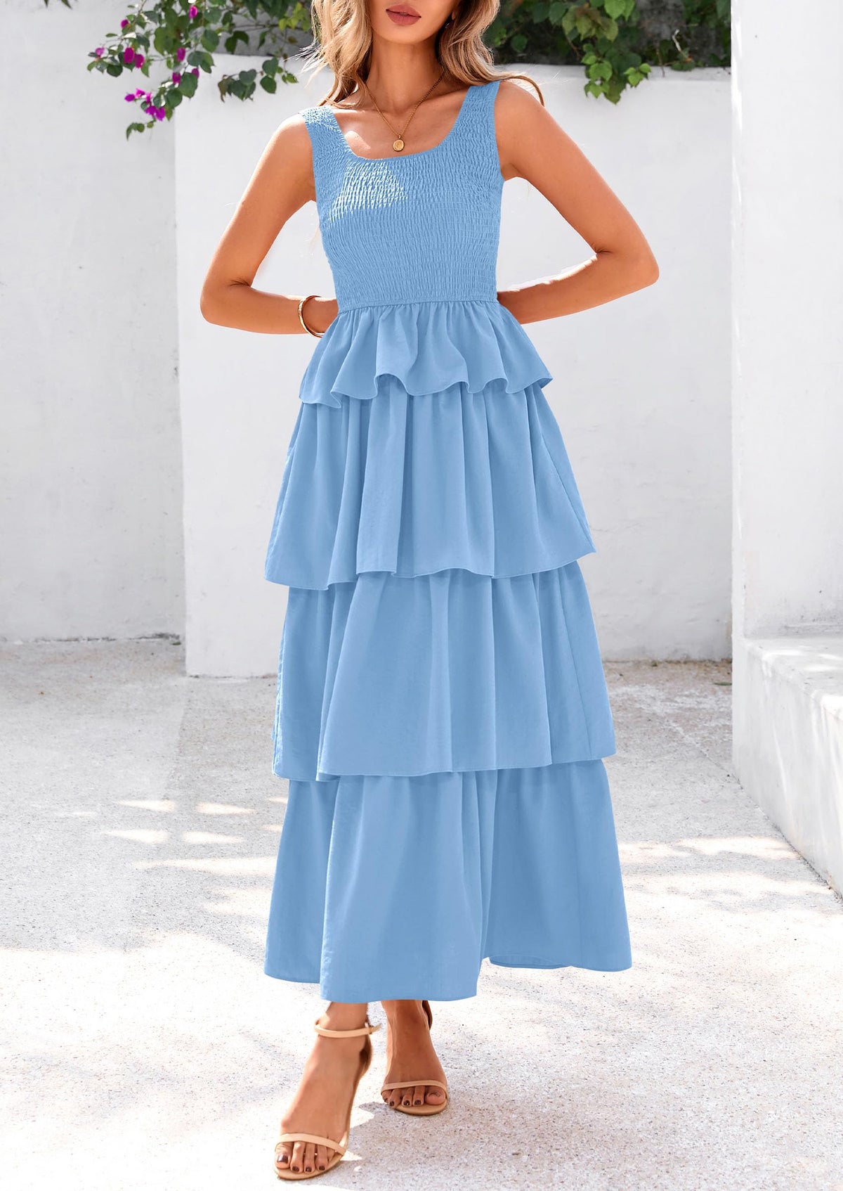Sleeveless Scoop Neck Smocked A Line Tiered Beach Midi Dress