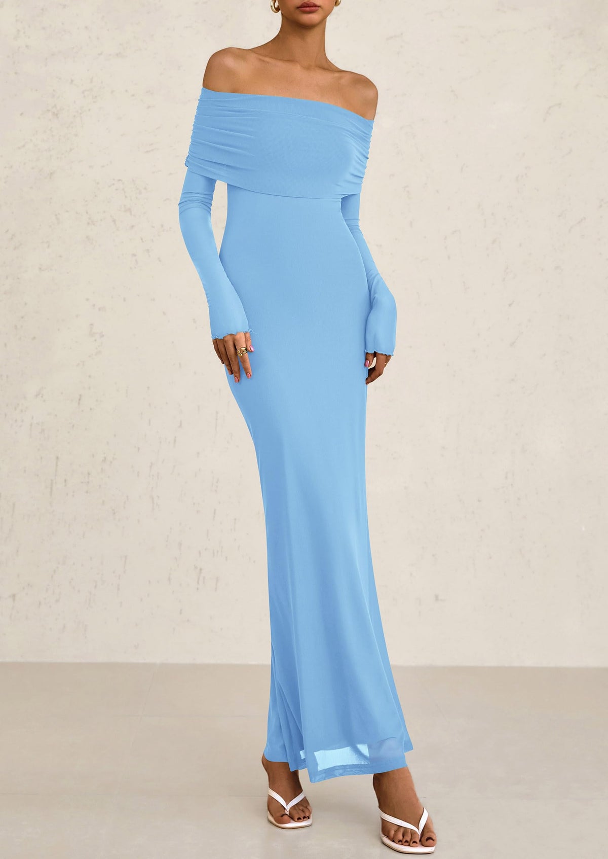 Off The Shoulder Bodycon Long Sleeve Mesh Maxi Dress