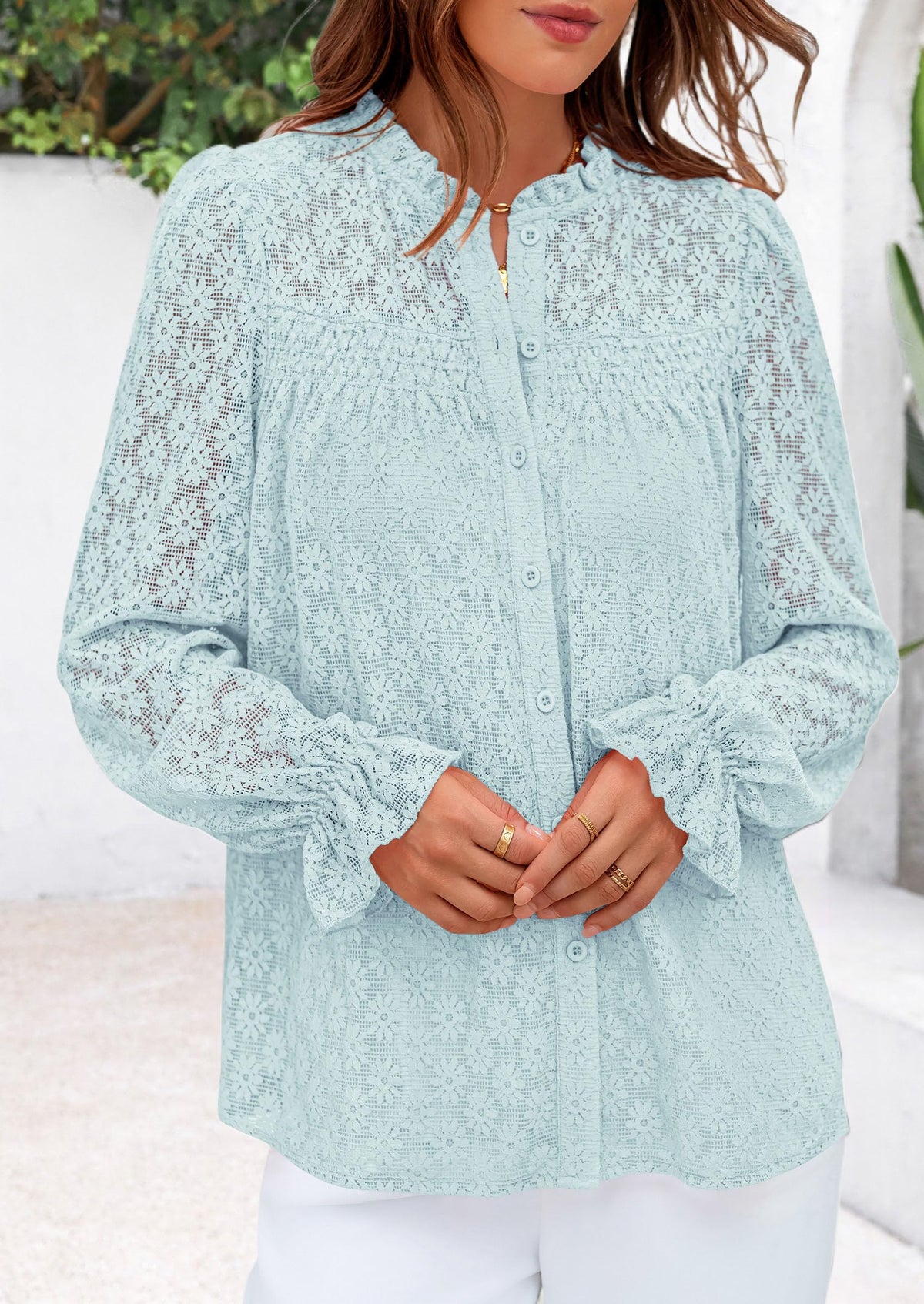 Eyelet Long Sleeve Casual Hollow Out Button Up Lace Blouse
