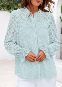 Eyelet Long Sleeve Casual Hollow Out Button Up Lace Blouse