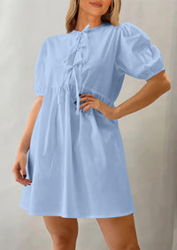 Casual Short Sleeve A Line Bow Tie Front Babydoll Loose Mini Dresses with Pockets
