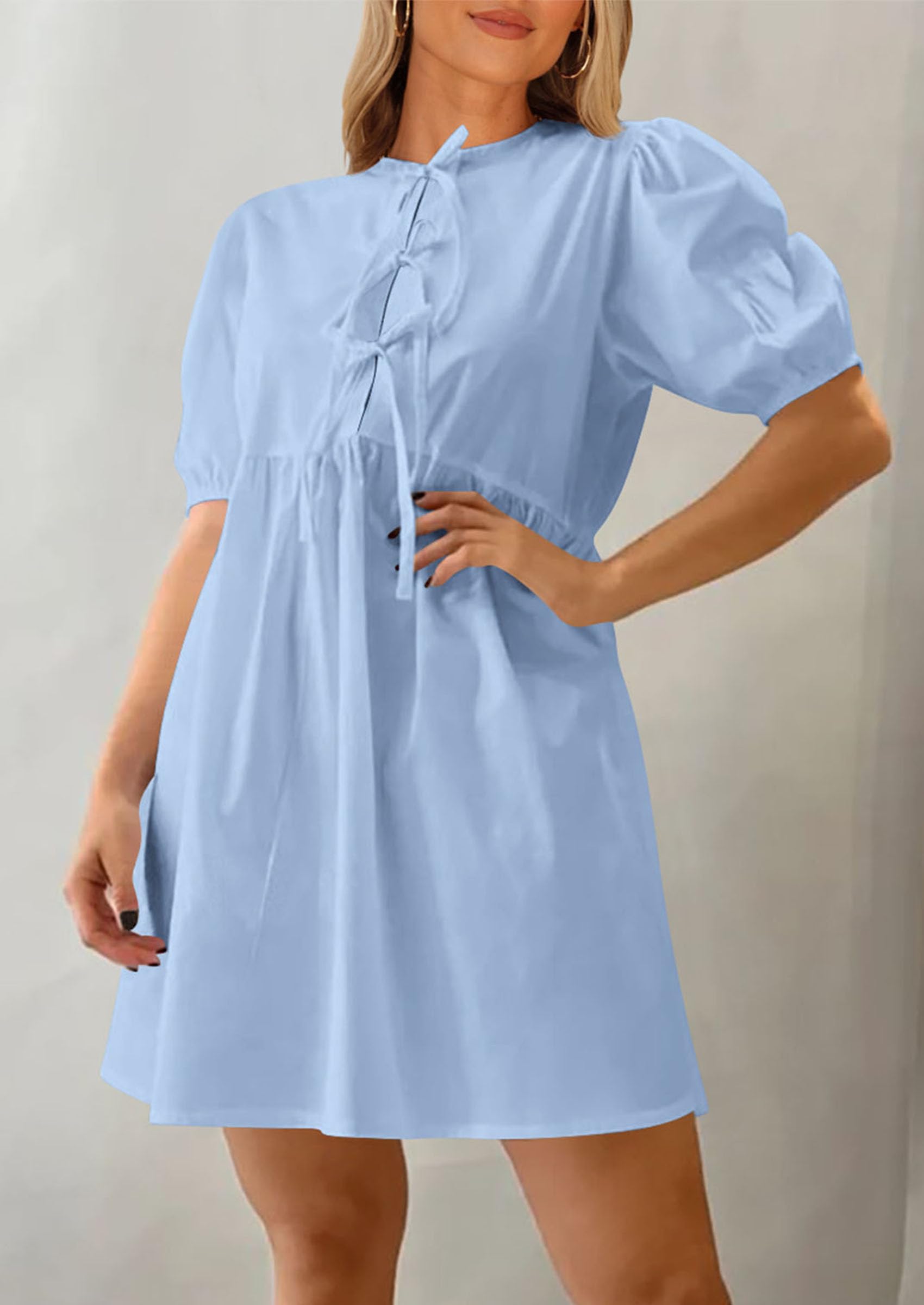 PRETTYGARDEN Womens Summer Casual Short Sleeve Dresses A Line Bow Tie Front Babydoll Loose Cute Mini Dress with Pockets