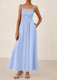 Smocked Beach Casual Spaghetti Strap Swing A Line Flowy Maxi Dresses