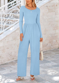 Solid Color Casual Long Sleeve Wide Leg Pants Jumpsuits