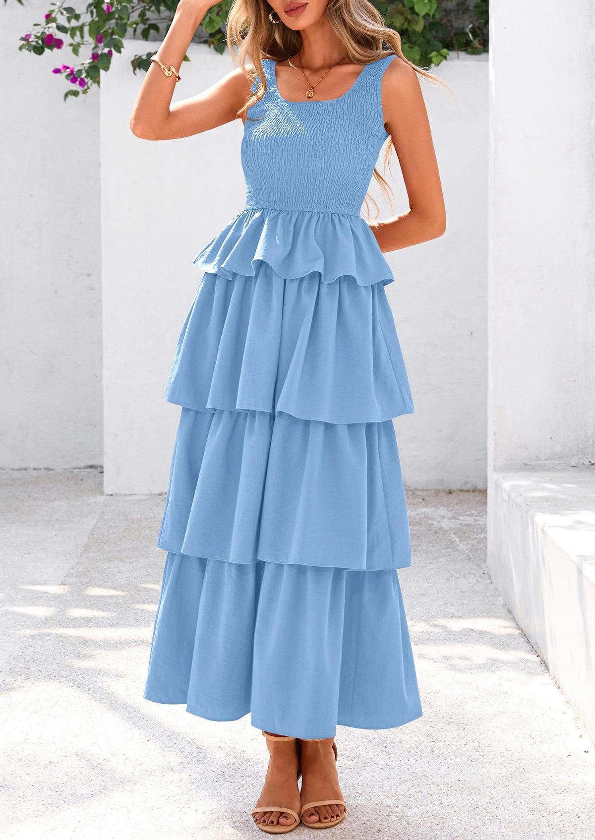 Sleeveless Scoop Neck Smocked A Line Tiered Beach Midi Dress
