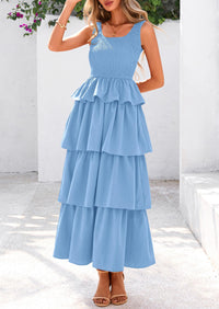 Sleeveless Scoop Neck Smocked A Line Tiered Beach Midi Dress