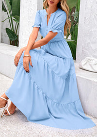 Casual Short Sleeve V Neck Tiered Flowy Beach Vacation Maxi Dress with Pockets