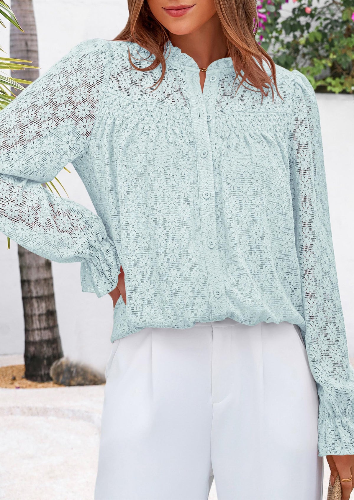 Eyelet Long Sleeve Casual Hollow Out Button Up Lace Blouse