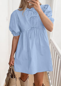 Casual Short Sleeve A Line Bow Tie Front Babydoll Loose Mini Dresses with Pockets