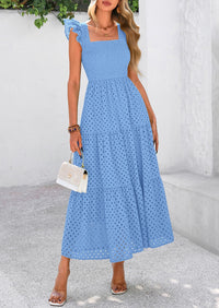 Square Neck Cap Sleeve Eyelet Smocked Tiered A Line Maxi Dresses with Pockets