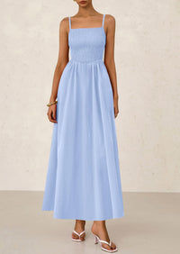 Smocked Beach Casual Spaghetti Strap Swing A Line Flowy Maxi Dresses