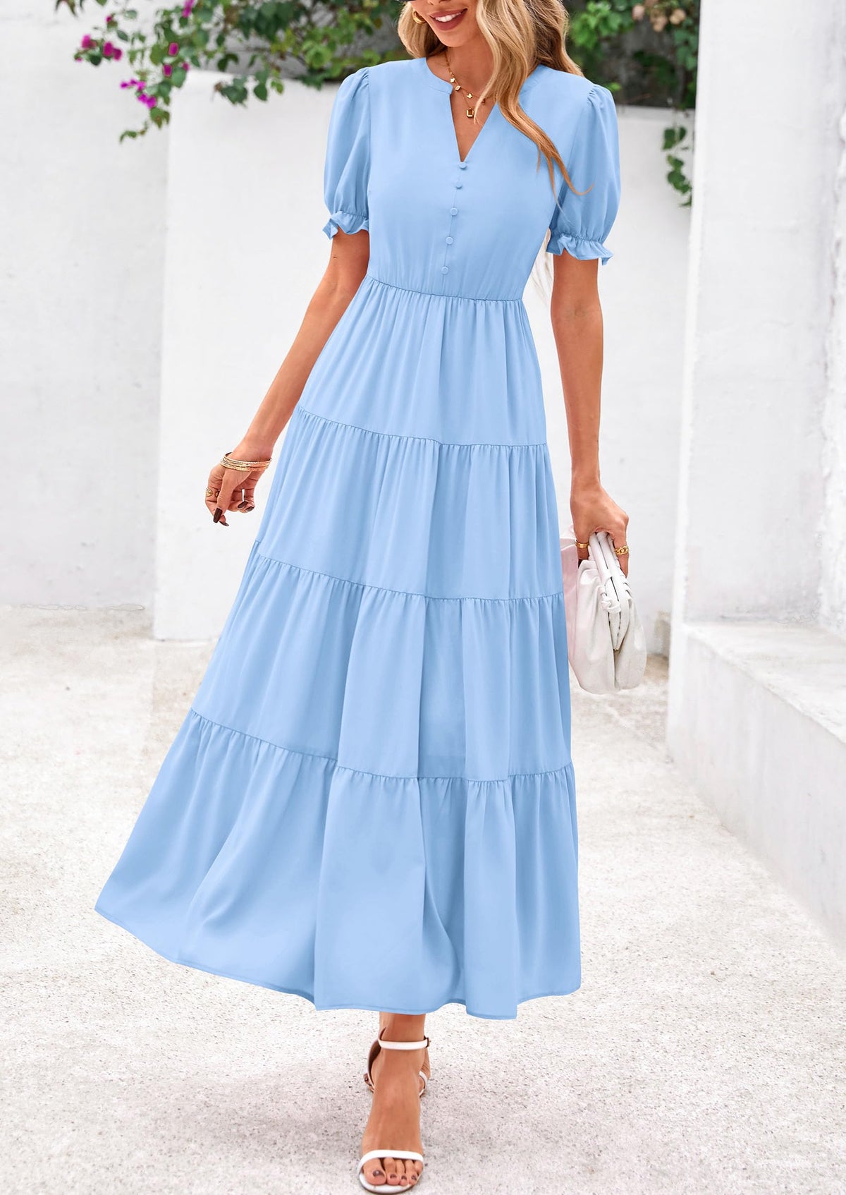 Casual Short Sleeve V Neck Tiered Flowy Beach Vacation Maxi Dress with Pockets