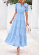 Casual Short Sleeve V Neck Tiered Flowy Beach Vacation Maxi Dress with Pockets