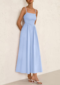 Smocked Beach Casual Spaghetti Strap Swing A Line Flowy Maxi Dresses