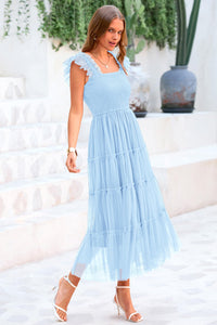 Casual Sleeveless Smocked Ruffle Tulle Flowy Beach Sundress