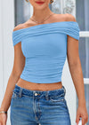 PRETTYGARDEN Summer Tops for Women Off Shoulder Short Sleeve Ruched Slim Fit Shirts Blouses Y2K Going Out Top