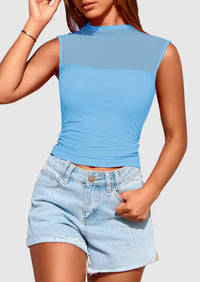 Sheer Mesh Casual Sleeveless Mock Neck Ruched Slim Fitted Tank Tops