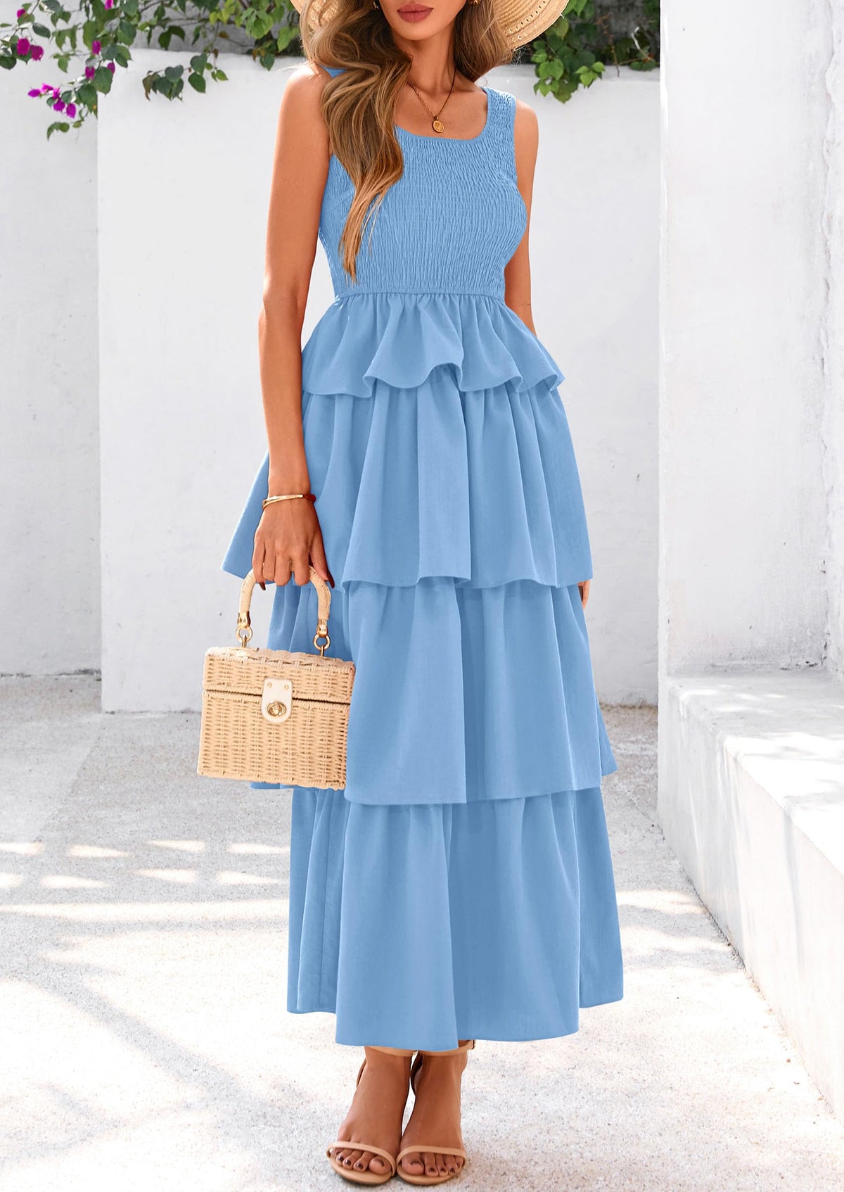 Sleeveless Scoop Neck Smocked A Line Tiered Beach Midi Dress