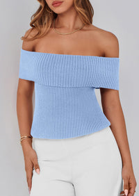 Off Shoulder Ribbed Knit Short Sleeve Blouse