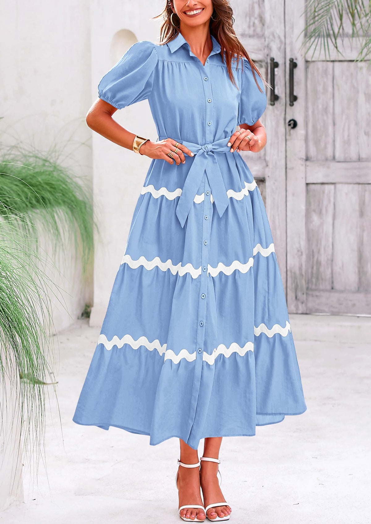 Button Down Puff Short Sleeve Ruffle Flowy Maxi Shirt Dresses With Belt