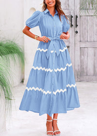 Button Down Puff Short Sleeve Ruffle Flowy Maxi Shirt Dresses With Belt