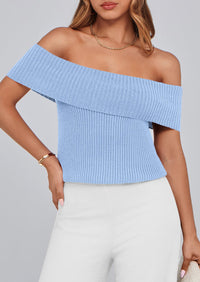 Off Shoulder Ribbed Knit Short Sleeve Blouse