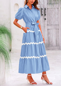 Button Down Puff Short Sleeve Ruffle Flowy Maxi Shirt Dresses With Belt