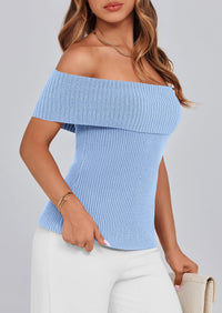 Off Shoulder Ribbed Knit Short Sleeve Blouse