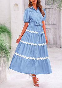 Button Down Puff Short Sleeve Ruffle Flowy Maxi Shirt Dresses With Belt