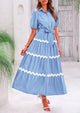 Button Down Puff Short Sleeve Ruffle Flowy Maxi Shirt Dresses With Belt