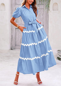 Button Down Puff Short Sleeve Ruffle Flowy Maxi Shirt Dresses With Belt