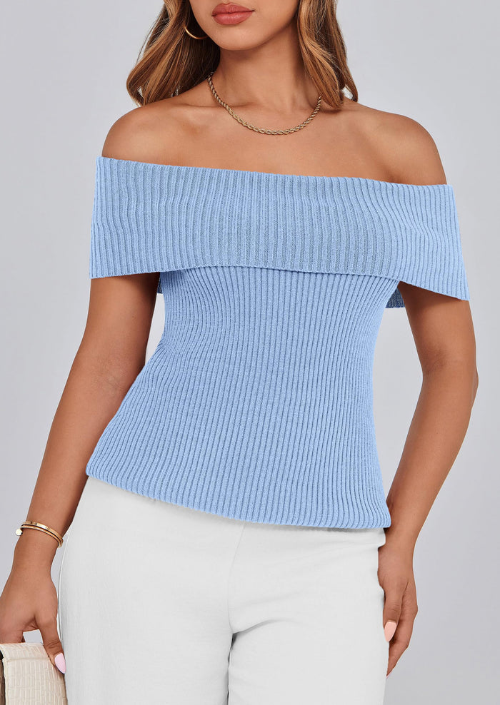 Off Shoulder Ribbed Knit Short Sleeve Blouse