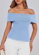 Off Shoulder Ribbed Knit Short Sleeve Blouse