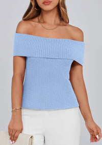 Off Shoulder Ribbed Knit Short Sleeve Blouse