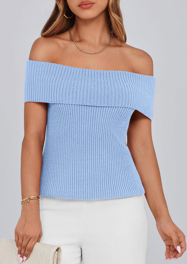 Off Shoulder Ribbed Knit Short Sleeve Blouse