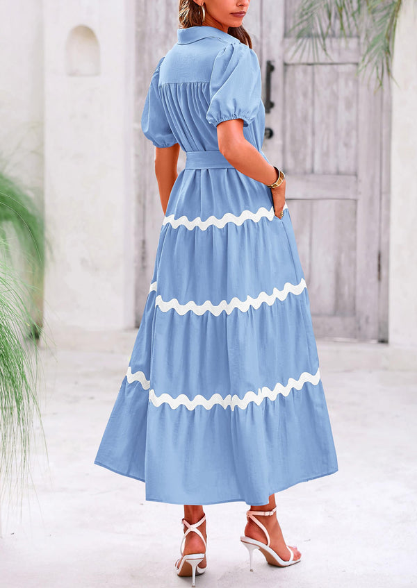 Button Down Puff Short Sleeve Ruffle Flowy Maxi Shirt Dresses With Belt