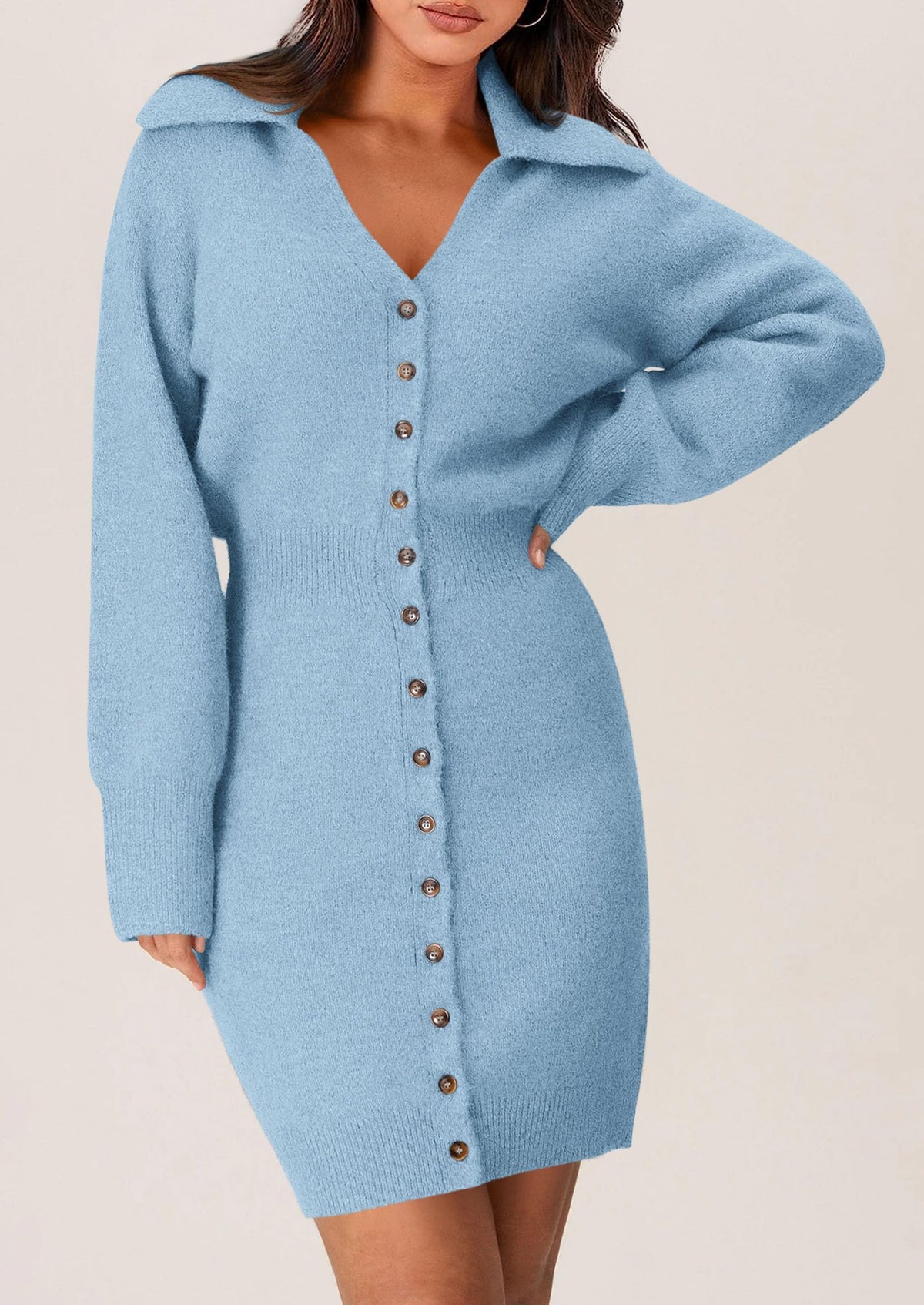 Long Sleeve V Neck Button Down Knit Pullover Sweater Dresses
