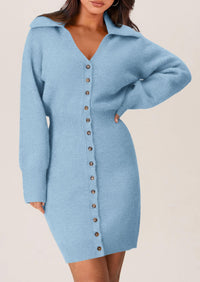 Long Sleeve V Neck Button Down Knit Pullover Sweater Dresses