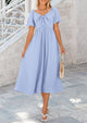 Casual Short Sleeve Bow Tie V Neck Ruffle Flowy Midi Dresses